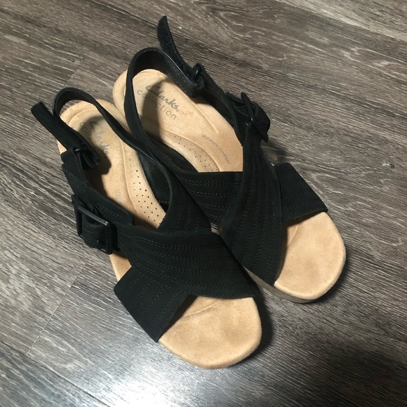 Clarks Collection Nerisa Vine Black Cork Wedge Sandals Size 7.5 - Picture 1 of 8